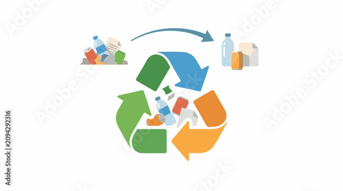 Recycling symbol with waste transforming into new products