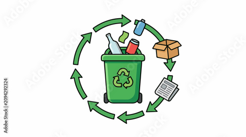Recycling symbols and bin with waste in a cycle