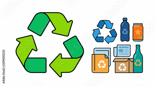 Recycling symbols and common recyclable items illustrated in flat design