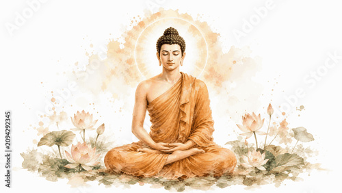 Quadro su tela Calm Buddha in meditation posture isolated watercolor vector illustration svg