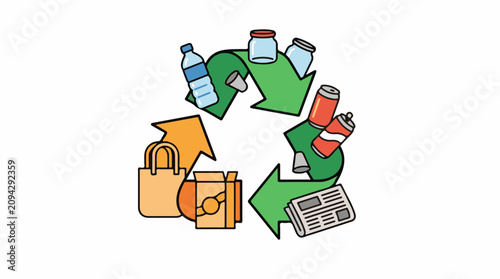 Recycling symbol with various waste items like bottles jars cans and paper