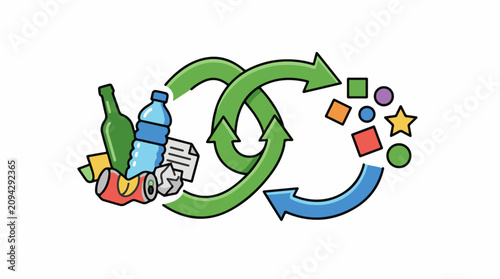Recycling symbols and materials transforming into colorful shapes