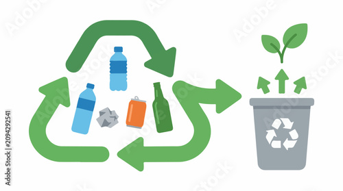 Recycling symbols and waste transforming into plant growth