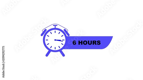 Blue alarm clock with 6 hours text on white background time