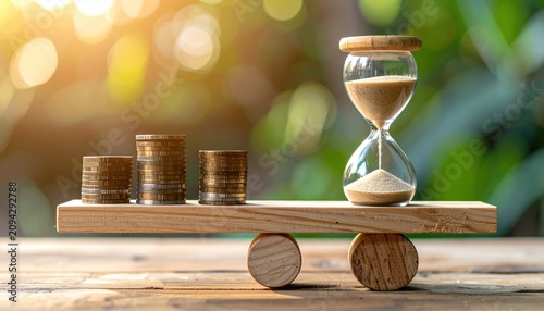 Wooden seesaw balancing an hourglass and coin stacks representing financial decision making