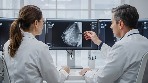 Two medical doctors in white coats reviewing a mammogram x-ray on a computer monitor in a bright hospital diagnostic imaging room