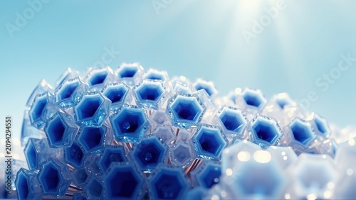 Hexagonal structures form complex shape. Blue, white tones dominate image. Light source creates bright glow, highlights details. Futuristic, abstract composition.