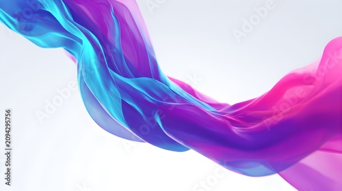 Vibrant cyan and magenta ribbon like data stream flowing across white background with luminous wavy ribbon stream shades communication information