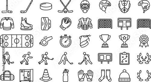 Photography Ice Hockey Sport and Championship Tournament Line Icon Set featuring Equipment P