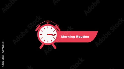 Red alarm clock with morning routine text on black white black background