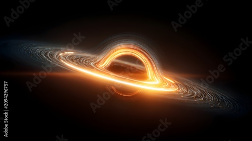 Glowing black hole singularity isolated in space with depicts miniature glowing light swirling around space vibrant orange astrophysics technology
