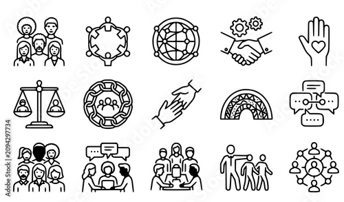 Social Inclusion and Teamwork Outline Icons Pack Editable Stroke