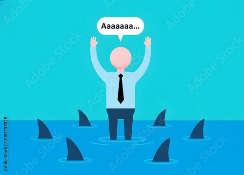 A businessman surrounded by sharks. Financial or legal problems for the business. Being swallowed up by competitors. Risk of bankruptcy, weakness of the business. Competition, debt pressure, financial