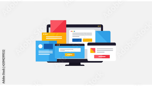 Modern Web Design Concept featuring colorful browser windows overlapping a computer monitor, ideal for UI/UX design blogs and perfect for digital marketing presentations.