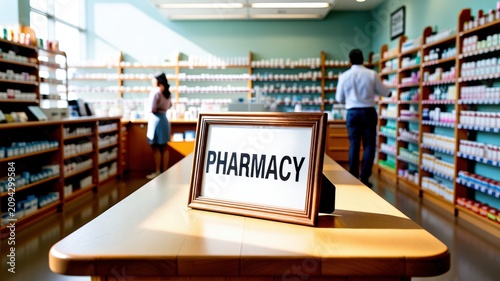 Pharmacy interior with customers shopping and sign on wooden counter in modern store with natural light