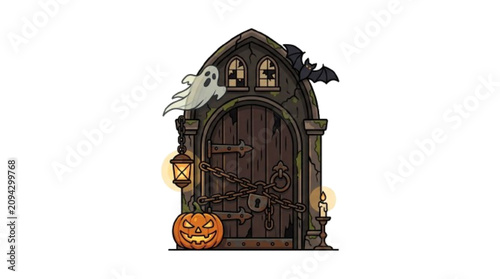 Haunted wooden door, gothic door, pumpkin door, cemetery gate, castle gate, spooky window, broken window, iron handle, old lock, chains, lantern, candle, bat, ghost, vector icon , isolated on white ba
