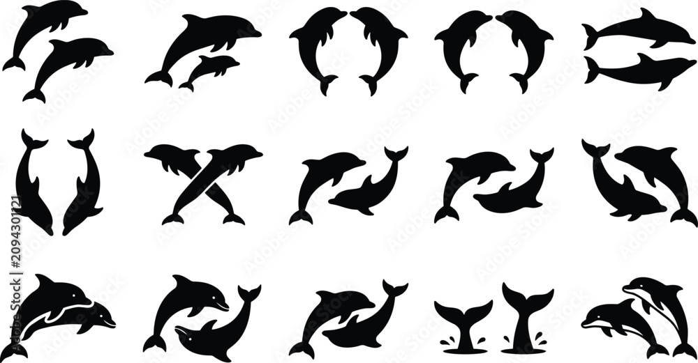 Fototapeta premium Dolphin Silhouette Vector Set with Jumping Marine Mammals, Tail Flukes, and Swimming Pairs for Sea Life Signage, Ocean Theme Logos, and Vinyl Decal Designs