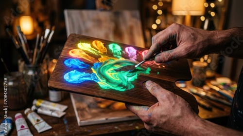 Artist mixing vibrant glowing neon paint colors on a classic wooden artist palette board close up view
