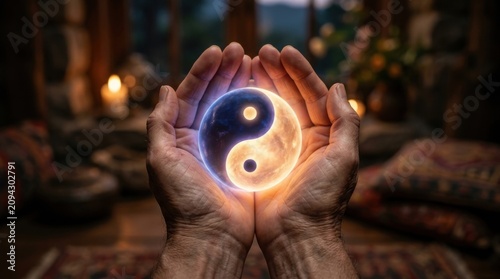 Cupped hands holding a beautiful magical glowing yin yang balance symbol hologram inside a dark serene garden night room