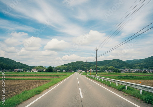 まっすぐに伸びる田舎の道路（自然・一本道・風景・背景）