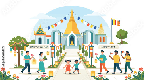 Canvastavla Diverse People Celebrating Vesak Day Festival with Buddhist Temple and Lanterns,