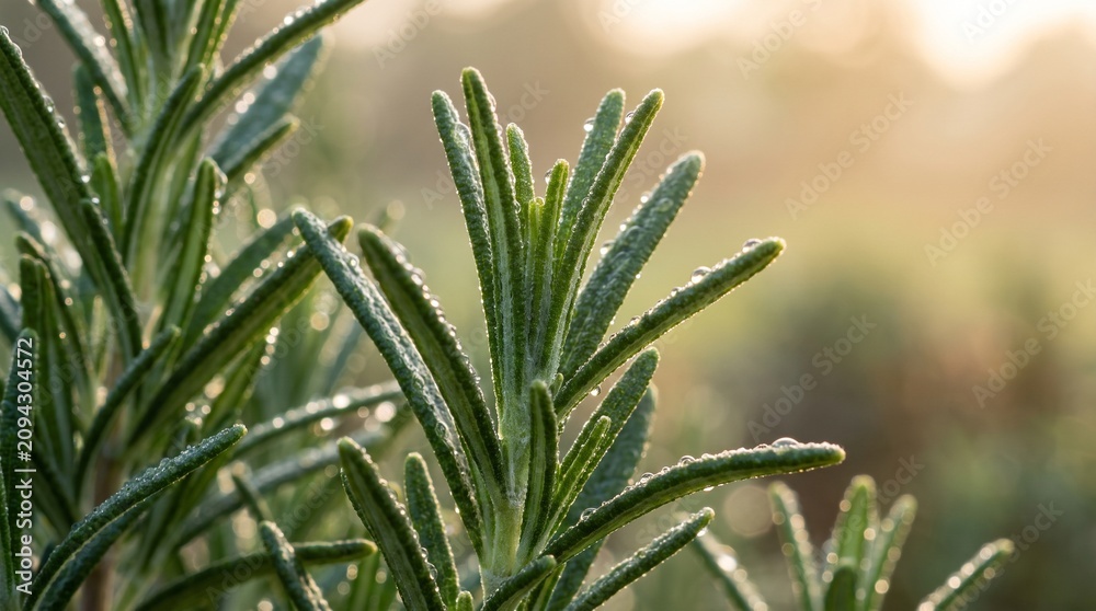 Fototapeta premium Fresh rosemary sprigs covered in morning dew drops captured in a close up shot with soft golden natural backlight glow