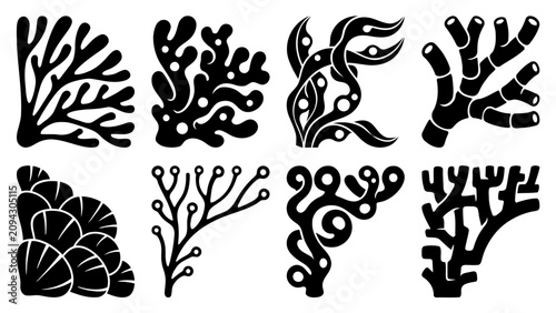 Black coral shapes for creative projects and marine themes