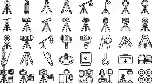 Bild auf Leinwand Camera Tripod and Photography Studio Equipment Line Icon Set with Video Stabiliz