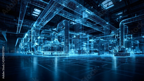 Digital twin hologram of a factory floor with blue wireframe design with manufacturing architecture construction engineering industrial technology