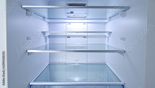 Empty open refrigerator with glass shelves