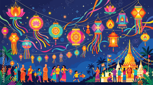 Bild auf Leinwand Vibrant Festival of Lights Celebration with Lanterns, People, and Temple in Even