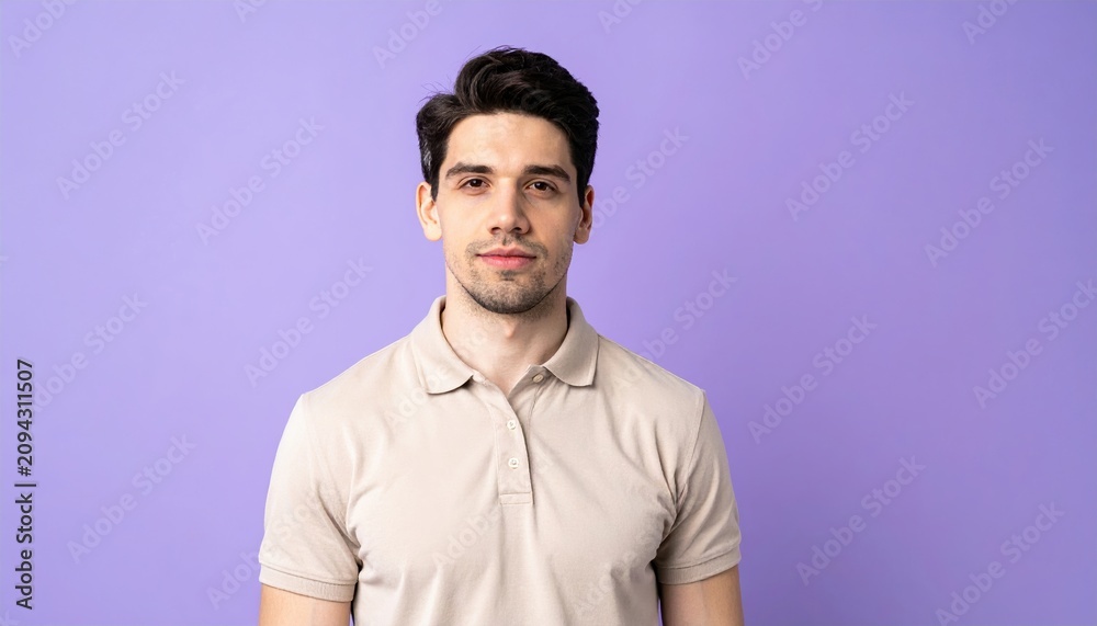 Fototapeta premium Man in beige shirt: A young man in a stylish beige collar shirt against a muted lilac background wall.