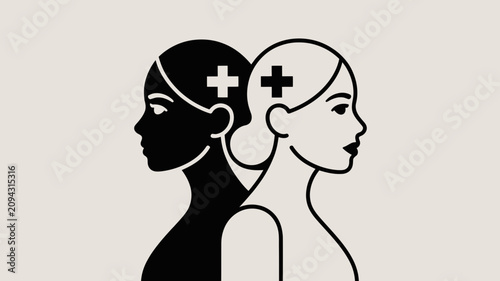 Two stylized heads in profile, one black and one white, with plus signs in their minds.
