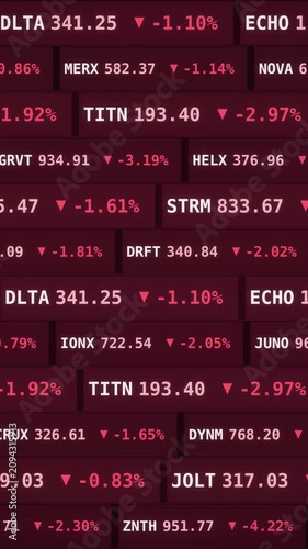 Red stock market ticker screen displaying falling financial data, negative percentages, and downward arrows, representing a global economic recession, bearish market trends, financial crisis, Vertical