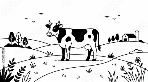 Fotografía Cow standing calmly in a serene meadow with farm scenery nearby.