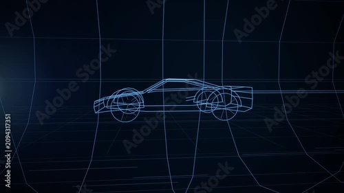 Blue glowing wireframe 3D model of a supercar speeding through a futuristic grid tunnel, Side view