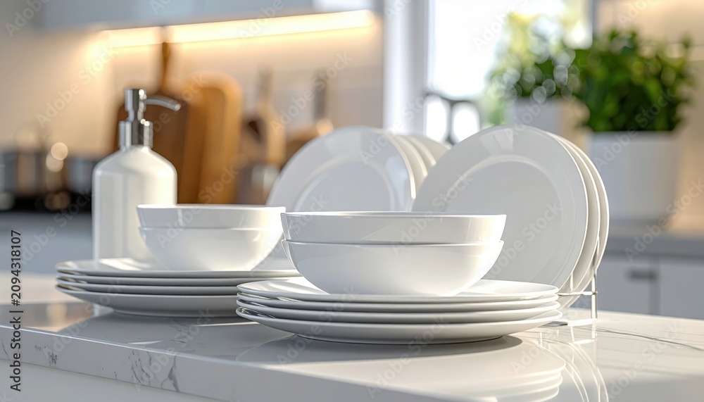 Fototapeta premium Clean white dishes drying neatly on a kitchen countertop beside dish soap