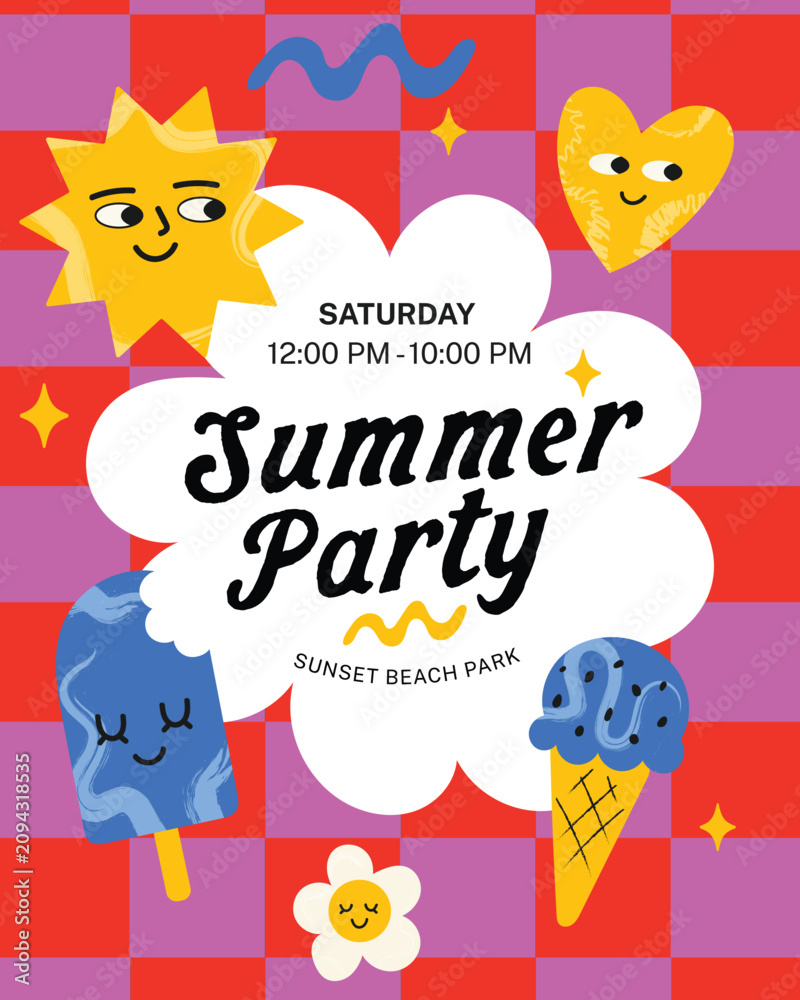 Fototapeta premium Retro Groovy Summer Party Poster Template with Pink Checkerboard Background