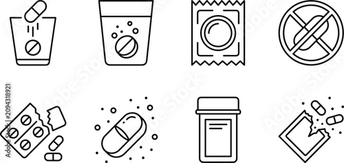 Medical pills and pharmacy line icons set featuring medication tablets effervescent medicine bottle condom blister pack and healthcare symbols.