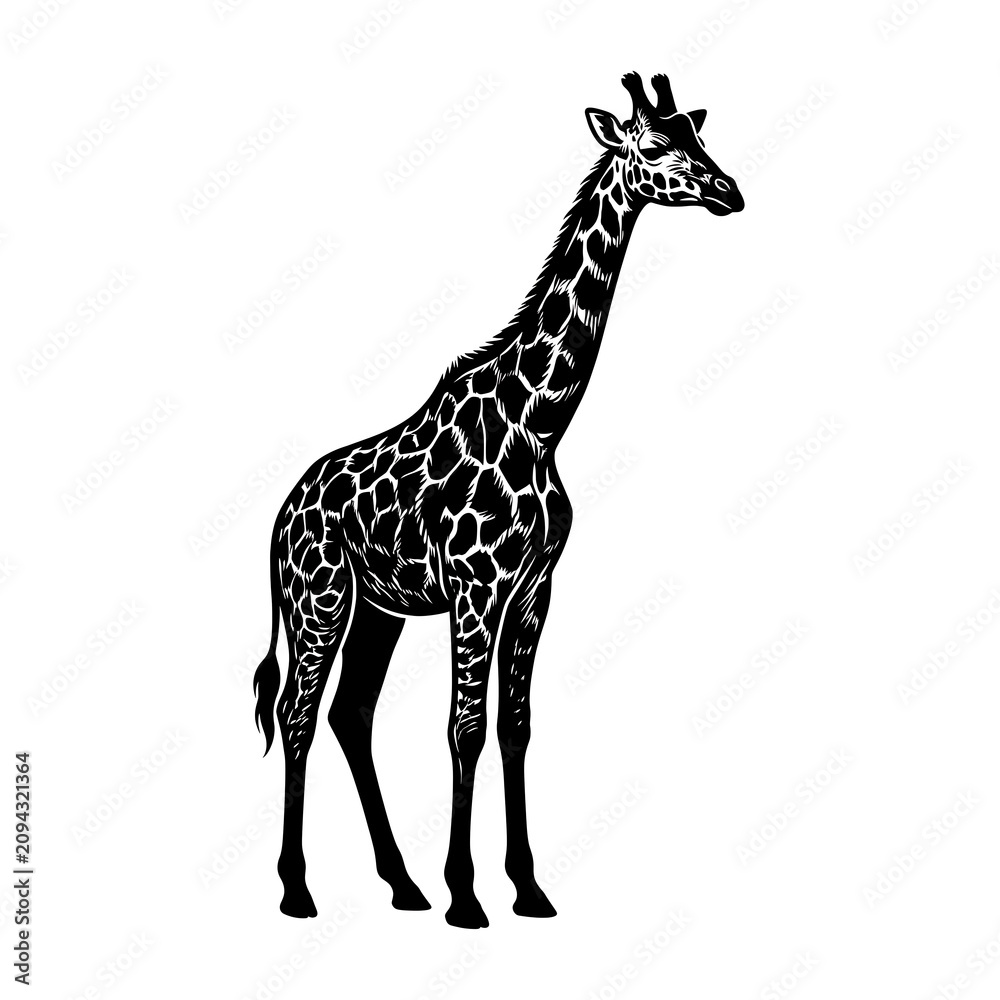 Fototapeta premium Black and white illustration of a standing giraffe