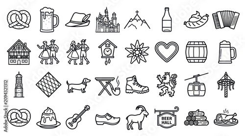 Bavarian culture and Oktoberfest tradition icons set.