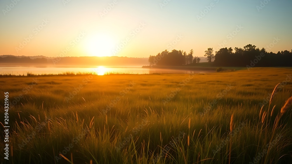 Fototapeta premium A serene meadow bathed in golden hour light, offering tranquility and natural beauty by the lake.