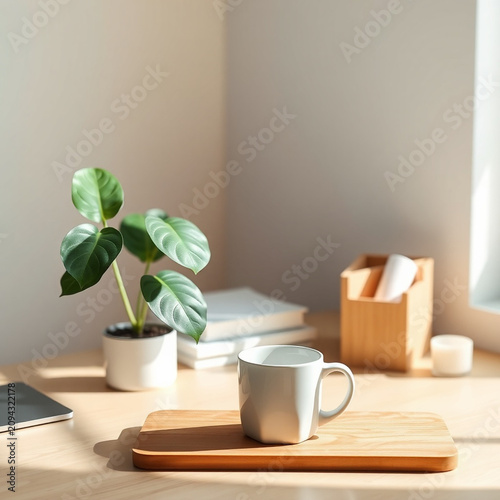 cup of coffee on table with morning sunshine