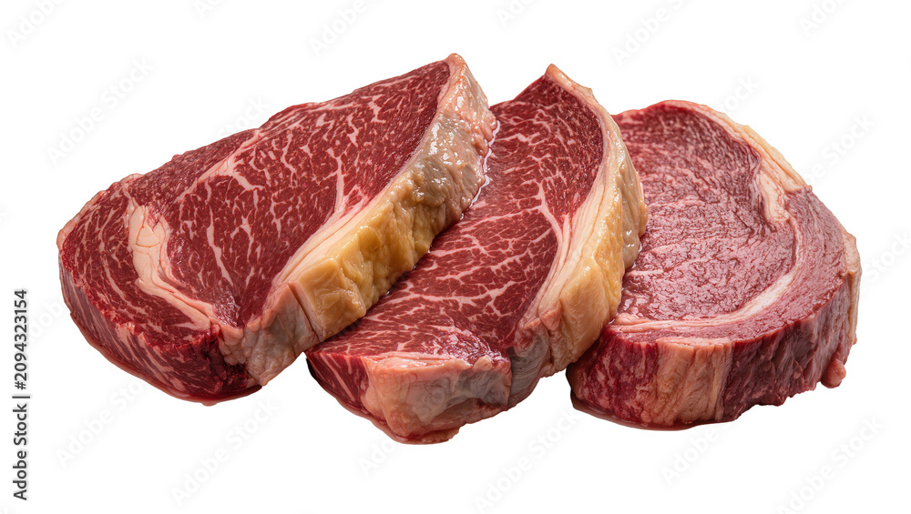 Fototapeta premium Isolated three fresh raw ribeye beef steaks showcasing beautiful marbling, ready for gourmet cooking