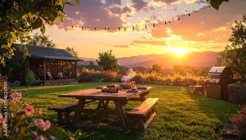 A backyard scene with picnic table, grill, and small cabin as the sun sets