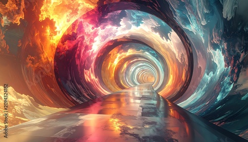 A surreal, swirling tunnel of clouds and light with a reflective path
