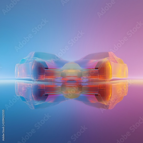 A stylized, translucent 3D wireframe car model reflected on a surface, illuminated by a vibrant blue and pink gradient background.