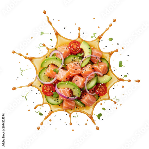 Gourmet salmon poke bowl with fresh avocado, cucumber, and cherry tomatoes featuring a dynamic splash of vinaigrette in a bright minimalist studio atmosphere