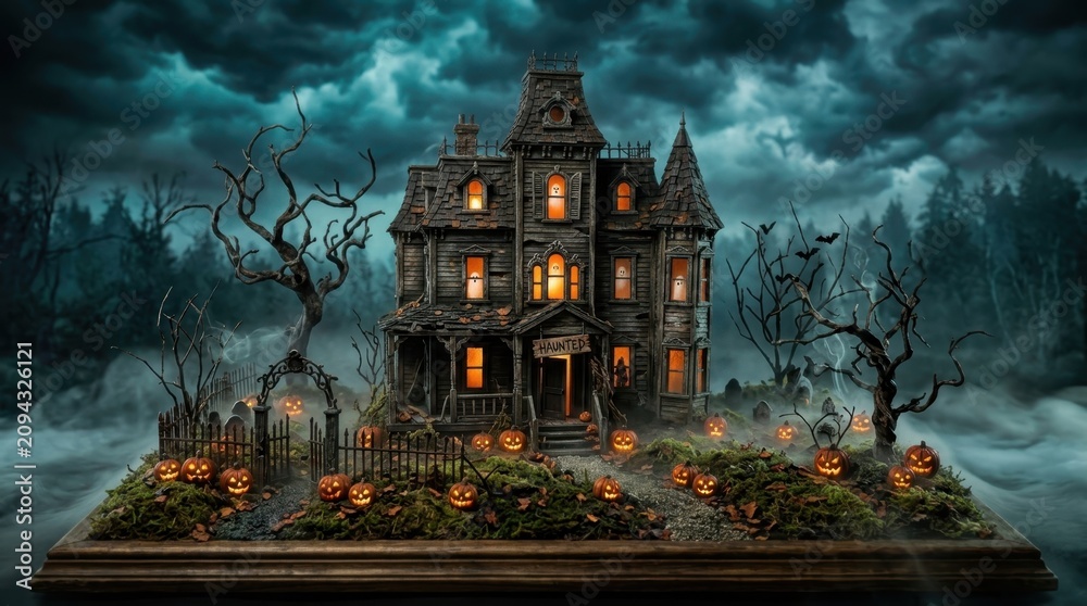Fototapeta premium Spooky miniature haunted house diorama featuring glowing jack-o-lanterns carved pumpkins dead bare trees and misty graveyard under dark stormy clouds perfect for seasonal Halloween holiday decoration!