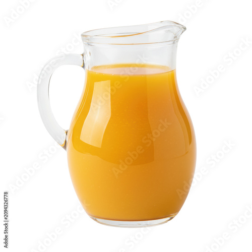 Clear glass pitcher filled with vibrant orange juice on a transparent background, showcasing smooth texture and delicate light reflections, refreshing health concept